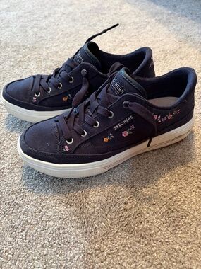 Skechers Navy Canvas Sneakers with Pink Floral Embroidery